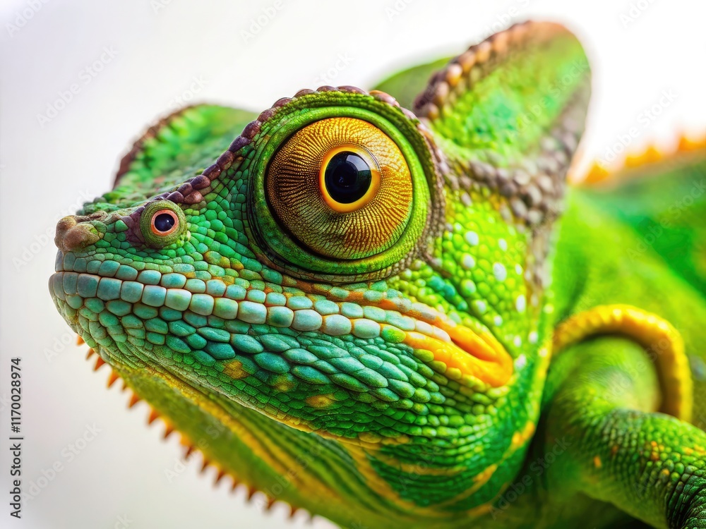 Fototapeta premium Intense green, a chameleon's close-up portrait against a pure white background, a vibrant nature macro shot.