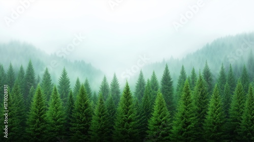 Misty morning in evergreen forest with lush green pine trees