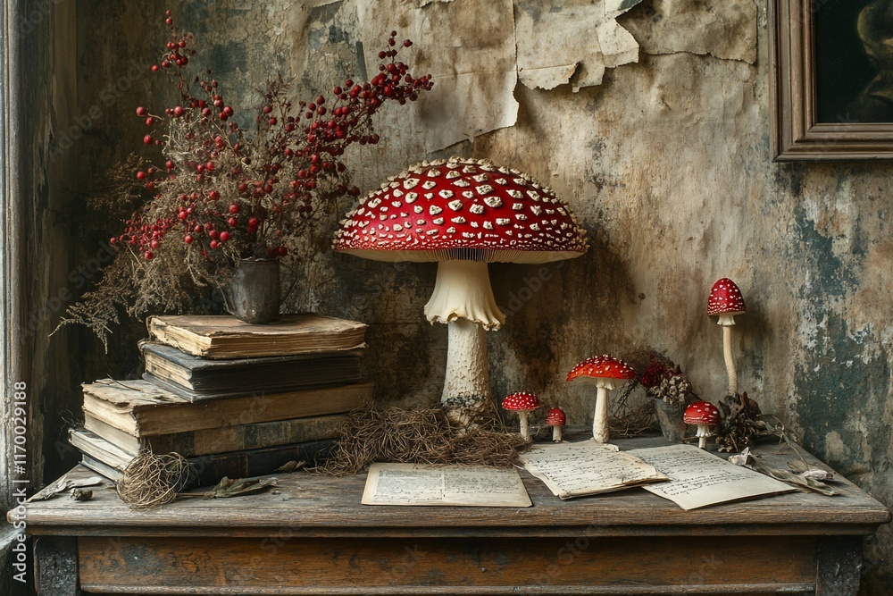 Obraz premium Antique wooden table with stack of old books, dried berries, and fly agaric mushrooms.