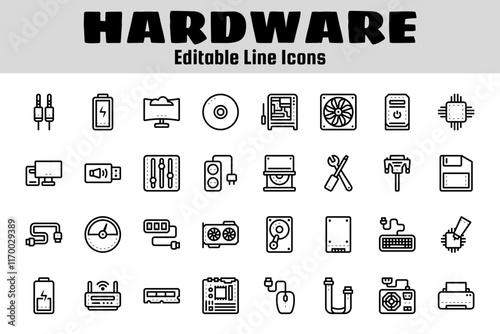 Computer hardware outline icon set