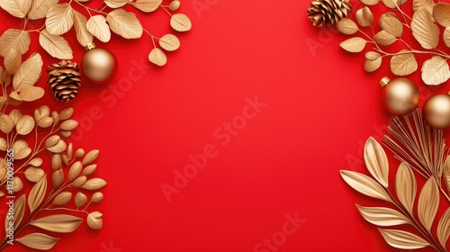 A vibrant red background adorned with golden leaves, ornaments, and pinecones, perfect for festive decorations or holiday themes.