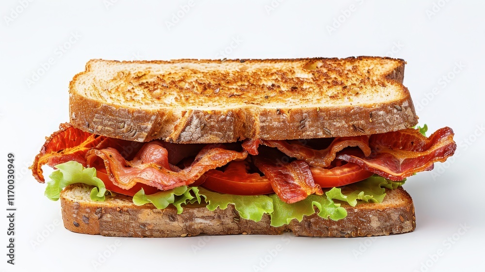 108. A classic BLT sandwich with crispy bacon, lettuce, and tomato, Isolated, White background, Editorial Photography, Studio lighting, Magazine foods style 108. A classic BLT sandwich with crispy bacon, lettuce, and tomato, Isolated, White background, Editorial Photography, Studio lighting, Magazine foods style