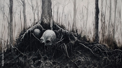 Dark Forest: Skulls and Roots in Monochrome photo