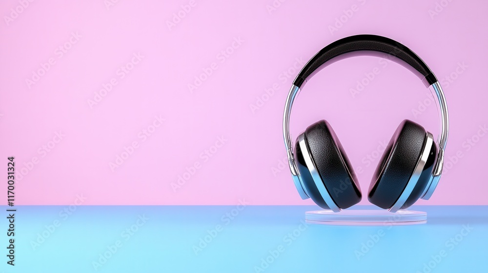 Stylish modern headphones on minimalist pink and blue background Stylish modern headphones on minimalist pink and blue background