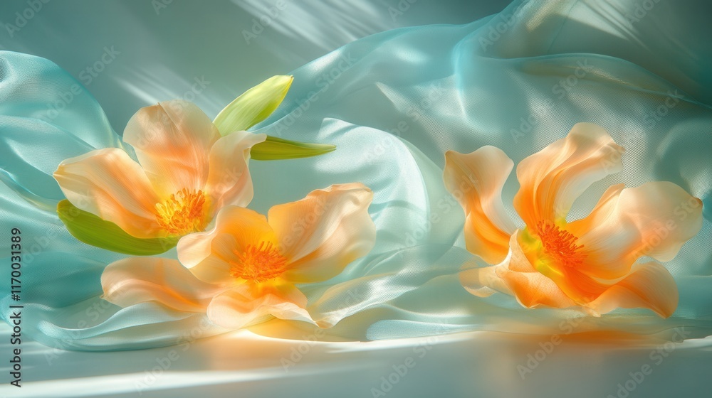 Fototapeta premium Elegant peach flowers on soft turquoise fabric under gentle light
