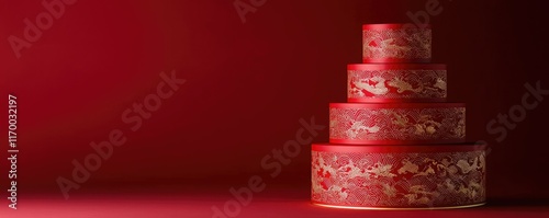 A stack of decorative red boxes on a rich red background, showcasing intricate patterns and a sense of elegance.