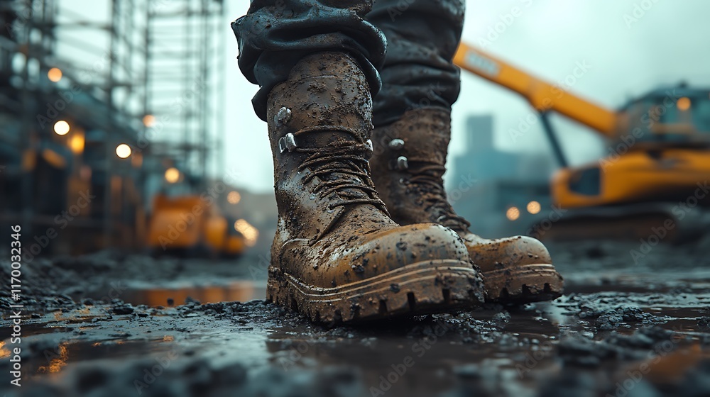 A low-angle view of muddy boots with scuff marks, standing on a gravel path, blurred scaffolding with tools and a crane arm visible in the background, cool industrial lighting, A low-angle view of muddy boots with scuff marks, standing on a gravel path, blurred scaffolding with tools and a crane arm visible in the background, cool industrial lighting,