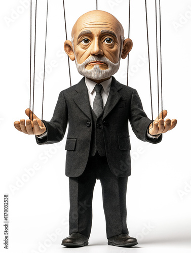 detailed puppet figure dressed in suit, resembling leader, with strings attached, conveying sense of control and manipulation