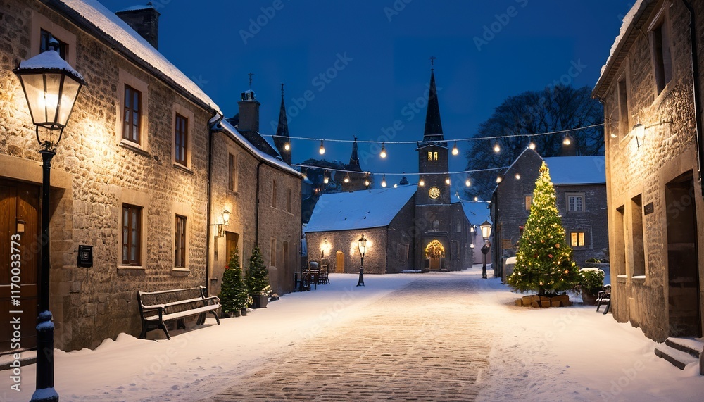 Naklejka premium Snowy Christmas Eve in a charming European village square, featuring a decorated tree, church, and traditional architecture illuminated by warm string lights.