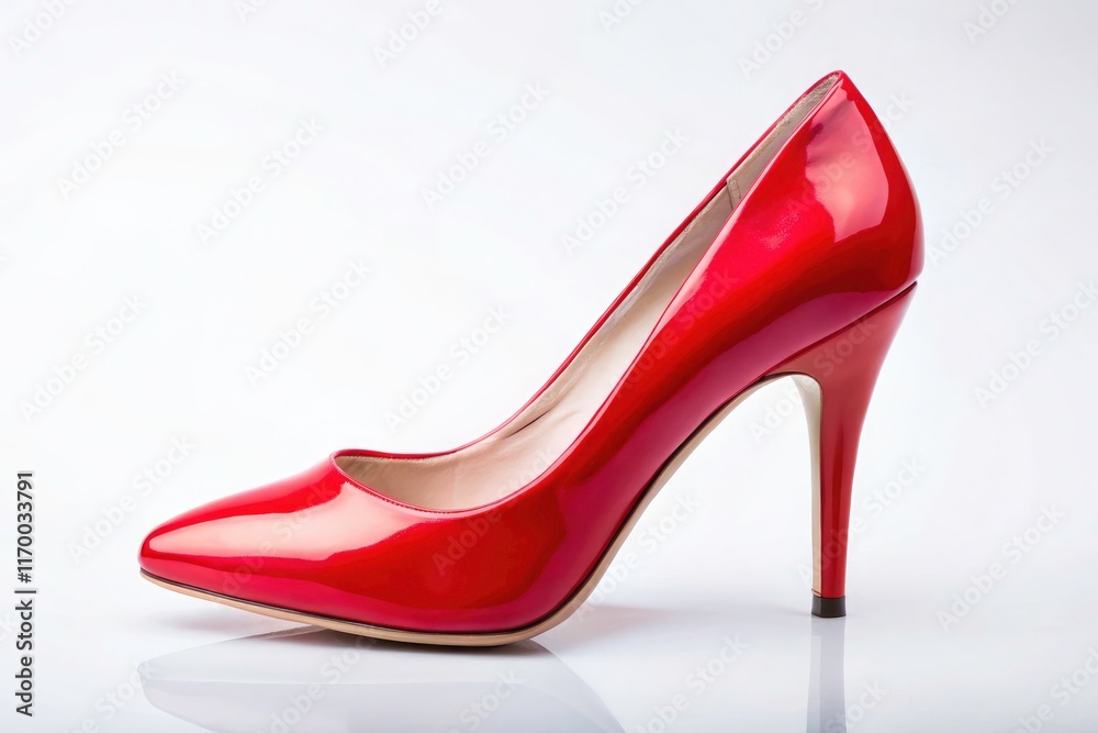 A high-angle shot reveals a chic red heel, isolated on white, perfect product photography. A high-angle shot reveals a chic red heel, isolated on white, perfect product photography.