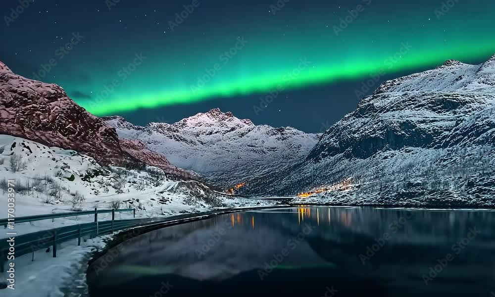 Breathtaking aurora borealis display over snow-covered mountains and frozen fjord at night.