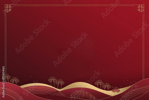 A minimalist red Chinese New Year-themed background featuring golden decorative frames, wavy hills, and abstract palm designs with sparkling details, emphasizing cultural and festive elegance.