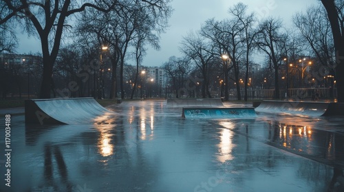 A wet skatepark at dusk, reflecting lights and trees, creating a serene atmosphere.