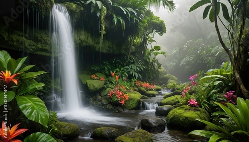 Serene waterfall cascading down mossy rocks in a lush tropical rainforest, vibrant flowers blooming along a tranquil stream.