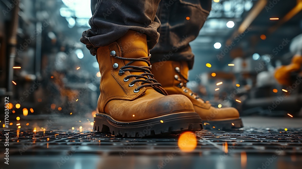 A realistic close-up of heavy-duty steel-toed boots on a metallic floor with visible welding sparks, blurred assembly line and moving equipment in the background, A realistic close-up of heavy-duty steel-toed boots on a metallic floor with visible welding sparks, blurred assembly line and moving equipment in the background,