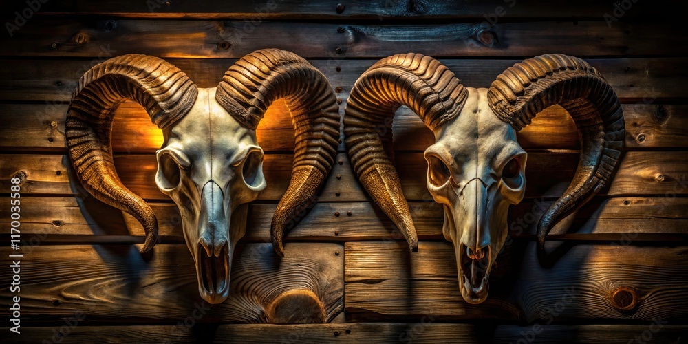 Fototapeta premium Dark and dramatic wildlife décor: night photography showcases majestic ram head wall mounts.