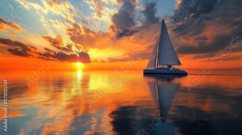 Fototapeta Naklejka Na Ścianę i Meble -  Wide-angle shot of a catamaran yacht on tranquil ocean waters, white sails swaying gently under the warm tones of a summer sunset