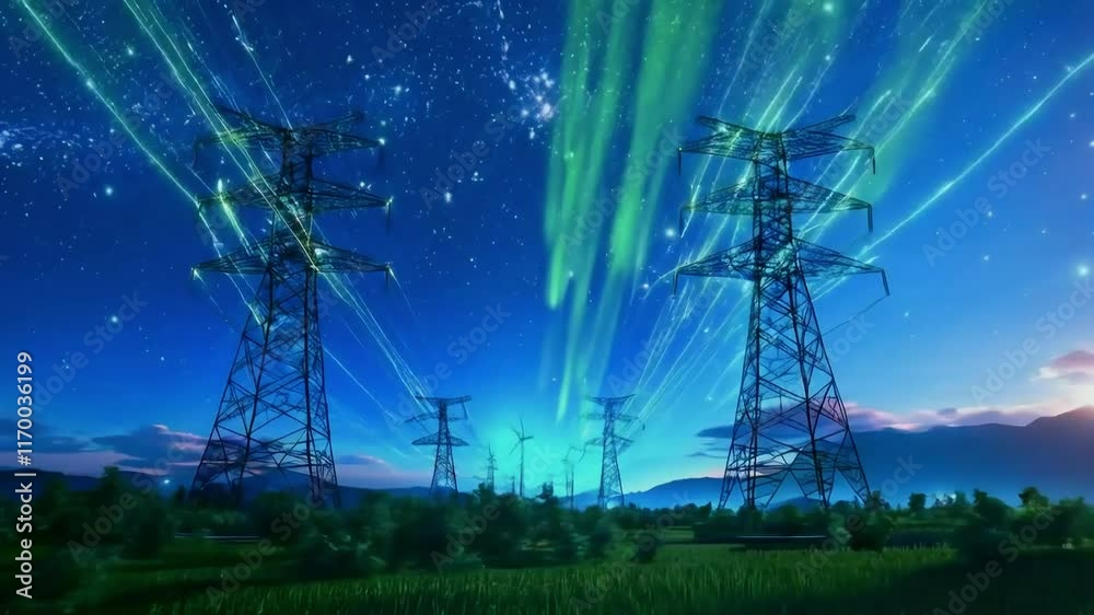 Electric towers at night with shooting stars.