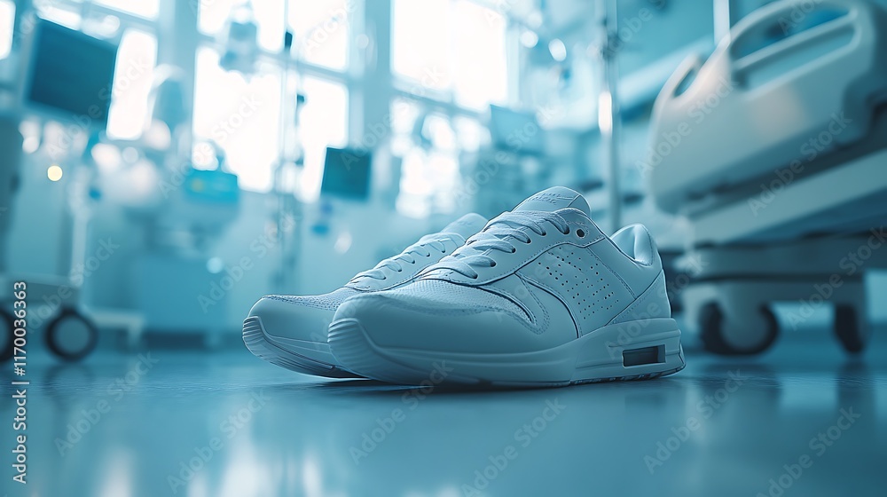 A realistic close-up of white sneakers standing firmly on a spotless hospital floor, blurred medical equipment and IV poles in the background, soft and cool lighting creating a calm atmosphere,
