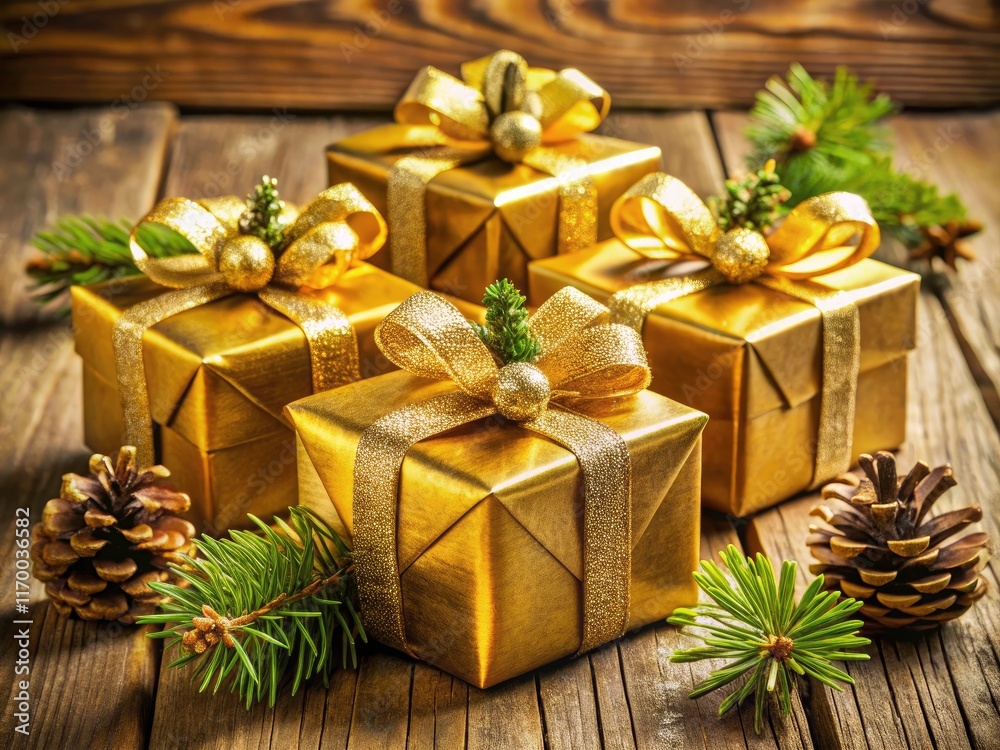 Golden gift boxes and pine cones adorn a rustic wooden table, candidly showcasing holiday presents. Golden gift boxes and pine cones adorn a rustic wooden table, candidly showcasing holiday presents.