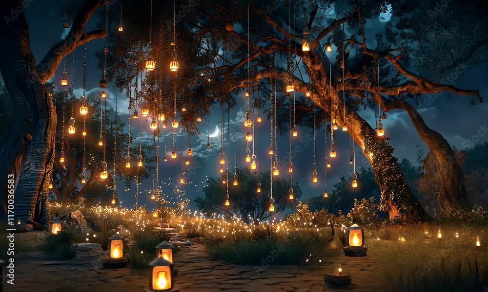 Enchanting night scene with glowing lanterns hanging from trees and illuminating a pathway.
