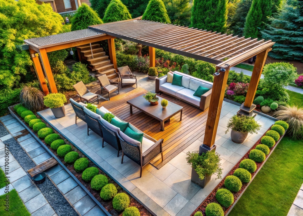 Modern pergola design: an aerial view reveals lush landscaping surrounding comfortable patio furniture. Modern pergola design: an aerial view reveals lush landscaping surrounding comfortable patio furniture.