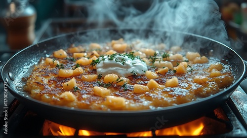 Steaming Potato Pancake With Sour Cream And Herbs photo