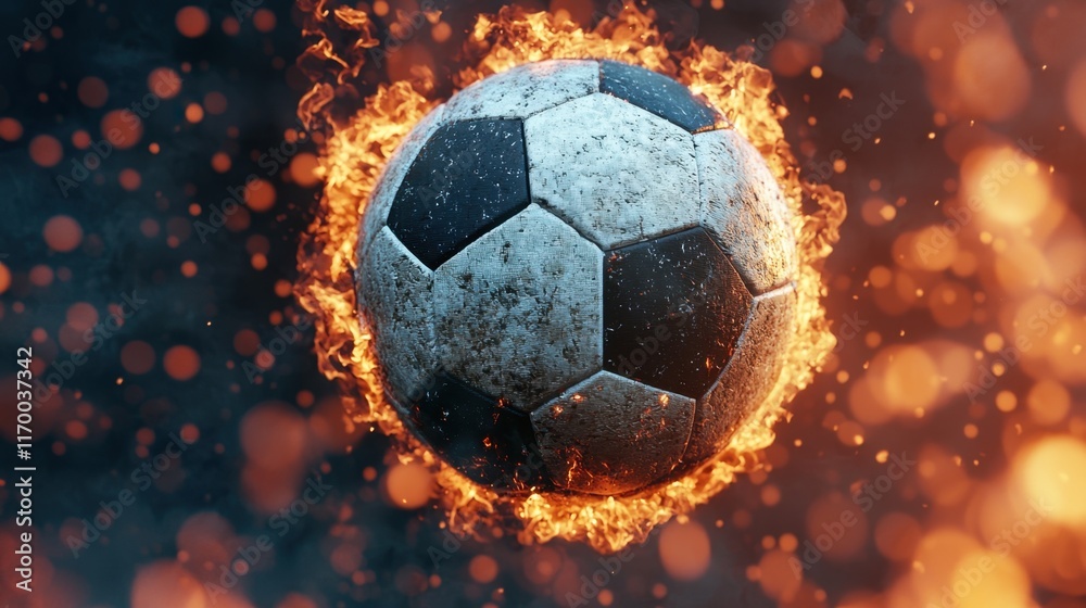 Naklejka premium Flaming Soccer Ball Surrounded by Dynamic Fire and Sparkle Effects