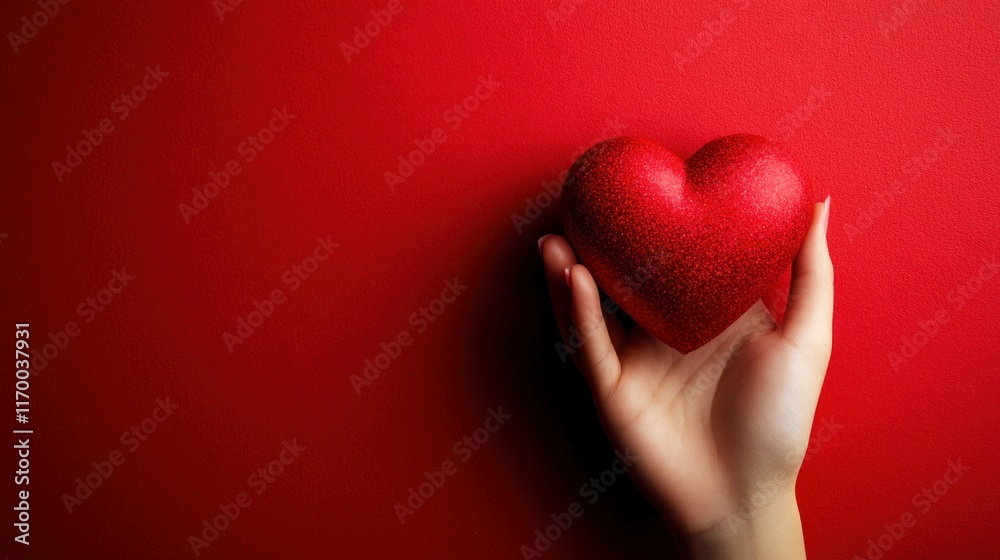 Woman hand holding a red heart against a matching red background, top view, minimalist composition with ample room for heartfelt text Woman hand holding a red heart against a matching red background, top view, minimalist composition with ample room for heartfelt text