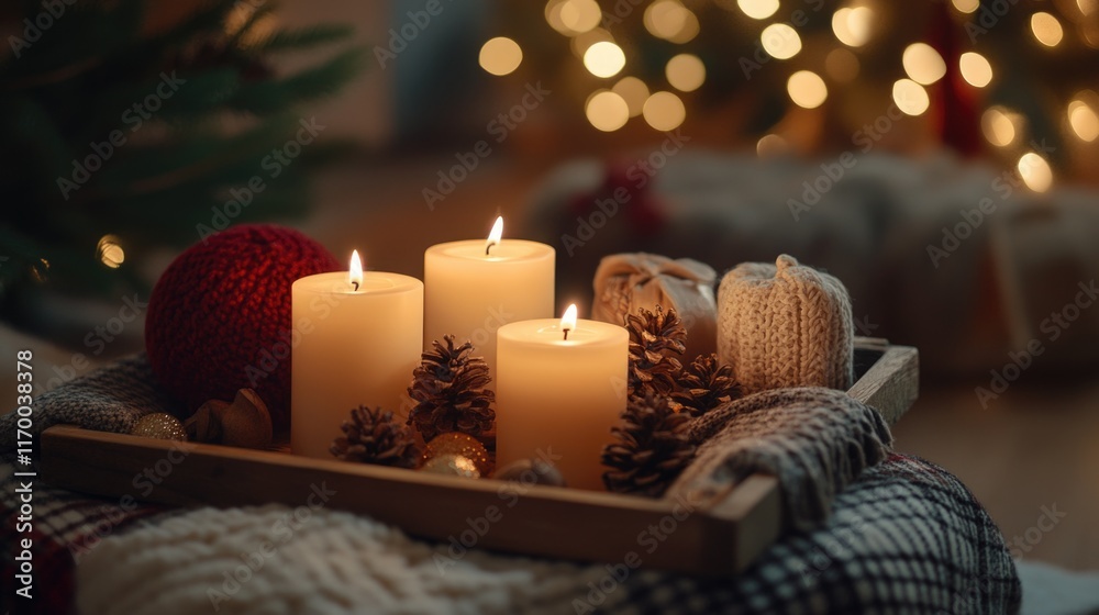 Warm and festive candle arrangement on a plaid blanket under Christmas lights. Warm and festive candle arrangement on a plaid blanket under Christmas lights.
