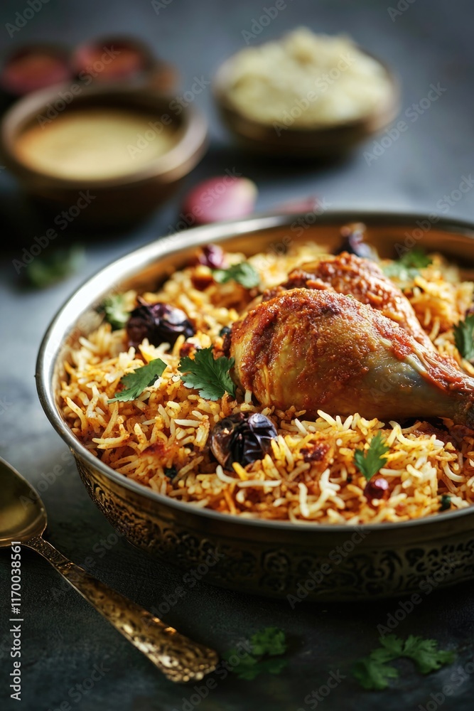 Bowl of chicken and rice with a spoon next to it. The bowl is filled with a delicious looking meal Bowl of chicken and rice with a spoon next to it. The bowl is filled with a delicious looking meal