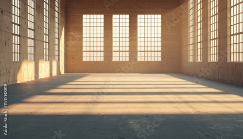 A spacious, sunlit interior featuring wooden walls and large windows, casting long shadows on the concrete floor.