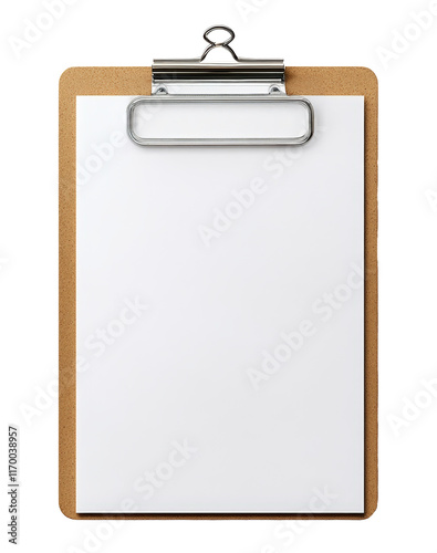 A clipboard with a white page and a metal clip. The clipboard is empty and ready to be filled with information
