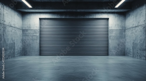 A spacious, minimalistic garage features a gray concrete wall and a metallic rolling door, illuminated by overhead lights.