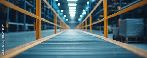 A modern warehouse interior featuring a long, narrow walkway bordered by yellow railings, leading into a spacious area filled with shelves and goods. photo