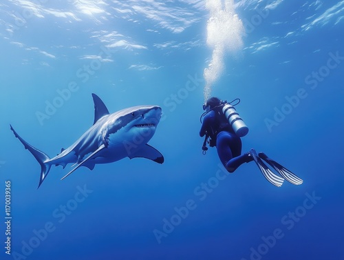 Man in a wet suit is swimming in the ocean next to a shark. The shark is large and has a menacing look on its face. The man is wearing a scuba diving suit and he is in control of the situation photo