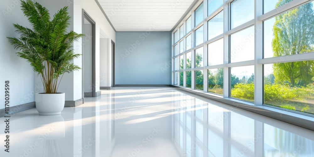 Fototapeta premium A bright, modern hallway featuring large windows, glossy floors, and a potted plant, creating a spacious and airy atmosphere.