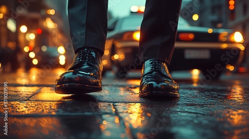 Wallpaper Mural A vibrant low-angle shot of polished black shoes with visible laces on a sidewalk, blurred patrol car with open doors and glowing lights in the background, soft morning sunlight enhancing details, Torontodigital.ca