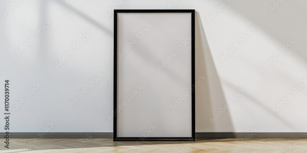 Black framed white poster sits on a white wall. The poster is empty and the frame is black. The room is dimly lit, with a window in the background. The poster is the only object in the room Black framed white poster sits on a white wall. The poster is empty and the frame is black. The room is dimly lit, with a window in the background. The poster is the only object in the room