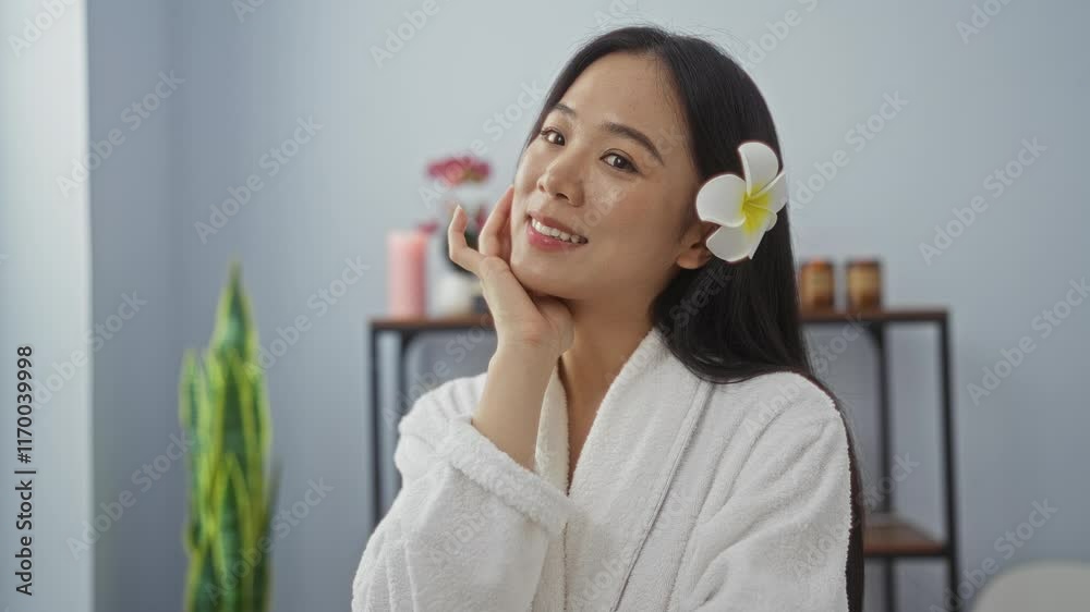 Young, attractive chinese woman in a spa wearing a white robe, with a flower in her hair, smiling and touching her face, in a wellness center interior with plants and candles in the background Young, attractive chinese woman in a spa wearing a white robe, with a flower in her hair, smiling and touching her face, in a wellness center interior with plants and candles in the background