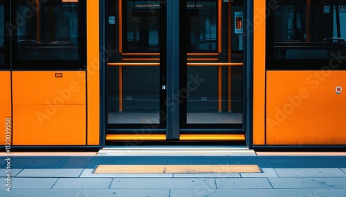The image features the open doors of an orange train or tram, with a modern design and a clean platform.