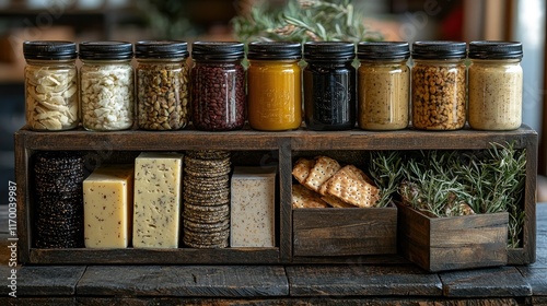 Wooden crate with jars of various foods and cheeses.