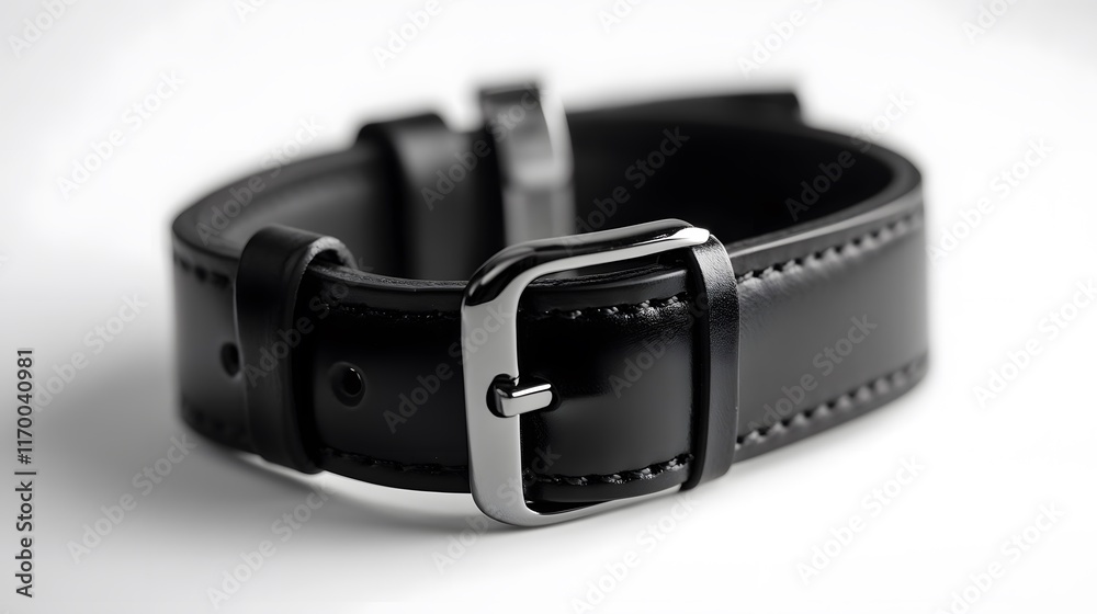 Elegant Black Leather Belt with Shiny Silver Buckle on White Background Elegant Black Leather Belt with Shiny Silver Buckle on White Background