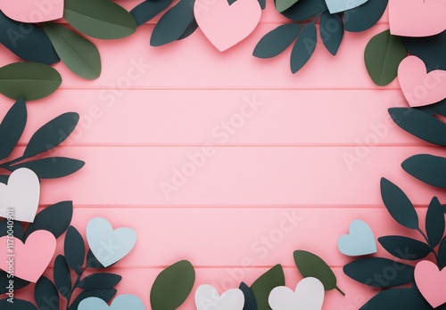 Romantic pink backdrop framed with pastel paper hearts and green leaves, ideal for Valentine's Day, weddings, or love themes.
