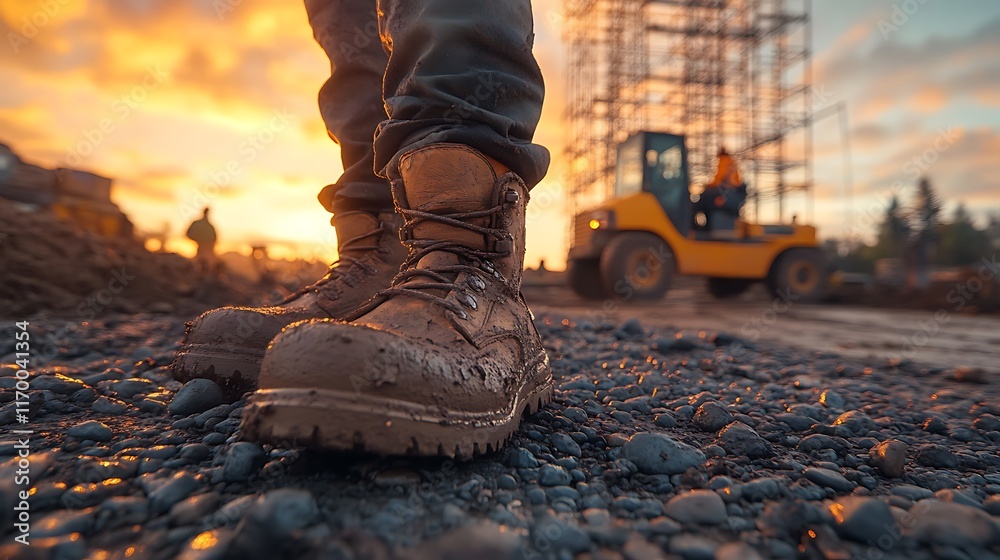 A vibrant low-angle view of muddy boots on a gravel road, blurred scaffolding with workers and a forklift in motion in the background, golden hour light casting soft glows, ultra-detailed textures, A vibrant low-angle view of muddy boots on a gravel road, blurred scaffolding with workers and a forklift in motion in the background, golden hour light casting soft glows, ultra-detailed textures,