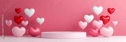 3D Pink and red hearts decorate a vibrant red background with a minimalistic pink podium, ideal for romantic product presentations. birthday, Mother's Day, and Valentine's Day themes photo