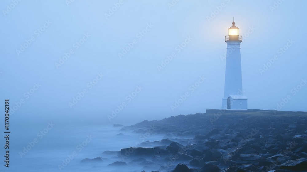 A lighthouse stands in a foggy seascape, guiding ships with its bright beacon. A lighthouse stands in a foggy seascape, guiding ships with its bright beacon.