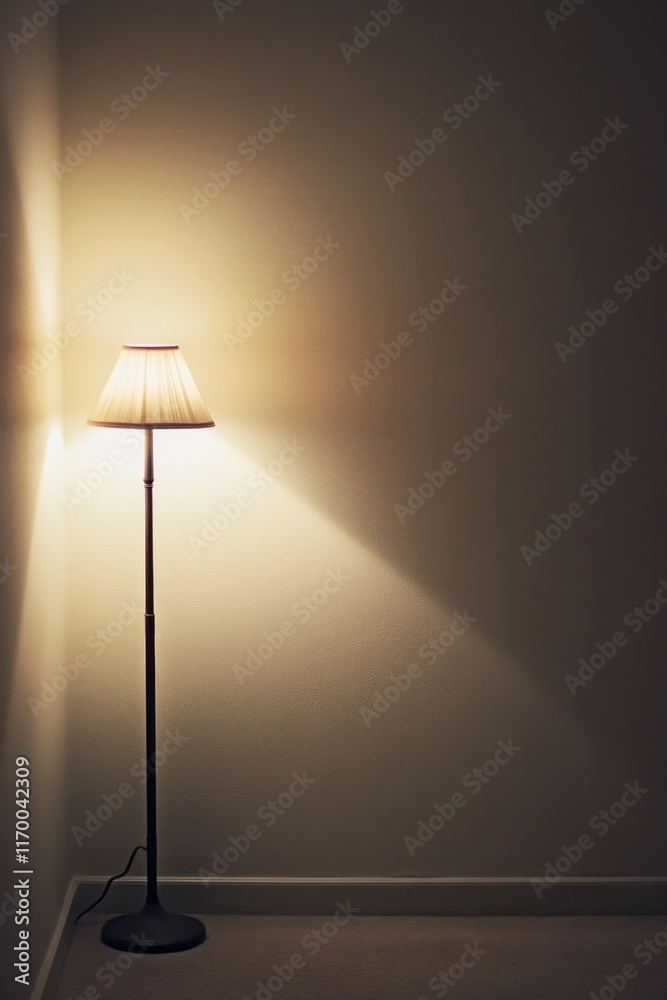 Black metal table lamp illuminating corner of room with warm glow. Black metal table lamp illuminating corner of room with warm glow.