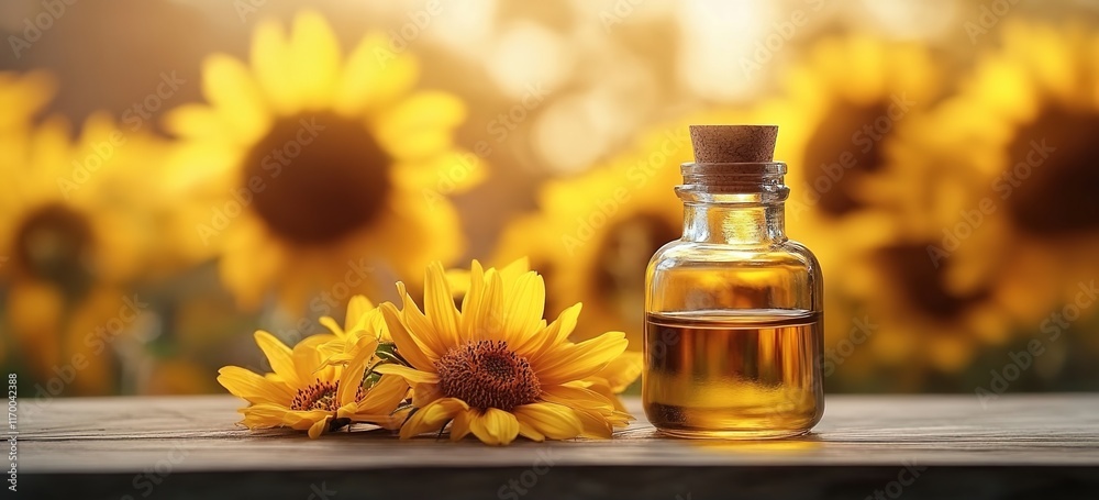 A yellow flower essential oil in a glass bottle on a wooden table with a blurred background of sunflowers. A yellow flower essential oil in a glass bottle on a wooden table with a blurred background of sunflowers.