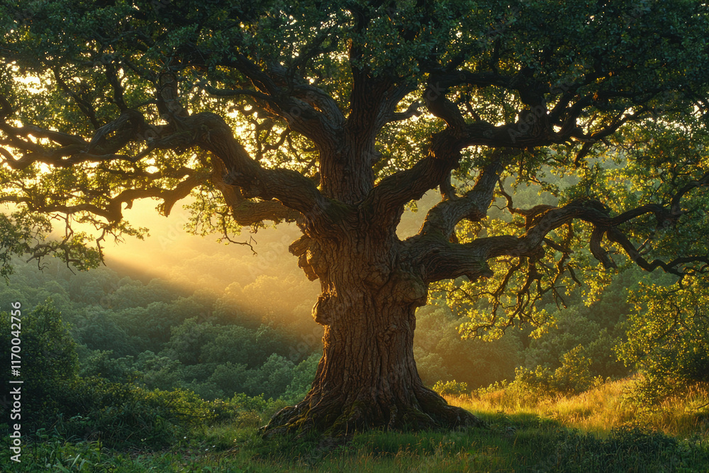 Fototapeta premium Majestic oak tree at sunrise.